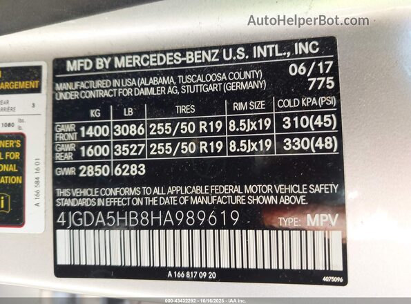 4JGDA5HB8HA989619 2017 MERCEDES-BENZ GLE 350 Серебряный Вид подкапотного пространства
