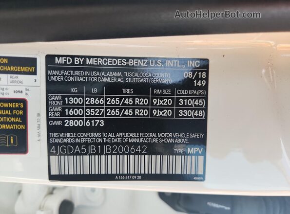 4JGDA5JB1JB200642 2018 MERCEDES-BENZ GLE Белый 
