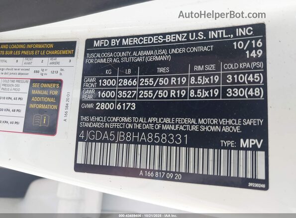 4JGDA5JB8HA858331 2017 MERCEDES-BENZ GLE 350 White Շարժիչի բաժամունքի տեսք
