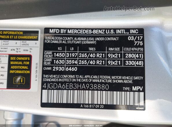 4JGDA6EB3HA938880 2017 MERCEDES-BENZ AMG GLE 43 Silver 