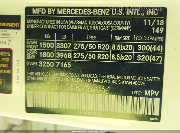 4JGDF6EE0KB226064 2019 MERCEDES-BENZ GLS 450 White Widok komory silnika