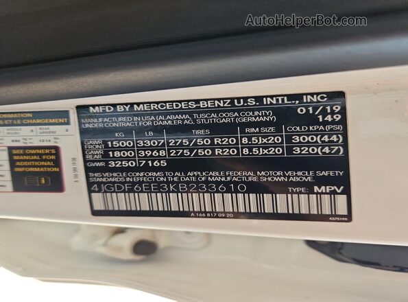4JGDF6EE3KB233610 2019 MERCEDES-BENZ GLS White ძრავის განყოფილების ხედი