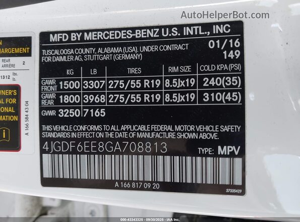 4JGDF6EE8GA708813 2016 MERCEDES-BENZ GL 450 White ძრავის განყოფილების ხედი