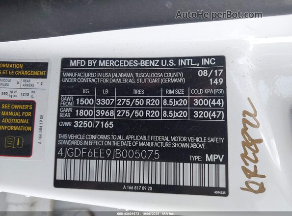 4JGDF6EE9JB005075 2018 MERCEDES-BENZ GLS 450 White Շարժիչի բաժամունքի տեսք