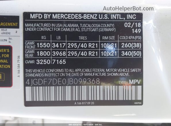 4JGDF7DE0JB099368 2018 MERCEDES-BENZ GLS 550 White Widok komory silnika