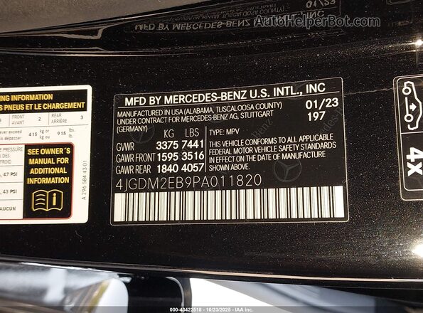 4JGDM2EB9PA011820 2023 MERCEDES-BENZ EQS 450 SUV Black Շարժիչի բաժամունքի տեսք