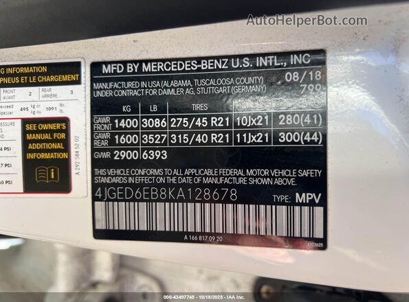 4JGED6EB8KA128678 2019 MERCEDES-BENZ AMG GLE 43 COUPE Белый Вид подкапотного пространства