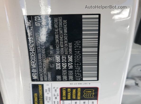4JGFB4FE7RB041396 2024 MERCEDES-BENZ GLE White VIN კოდის სტიკერის ხედი