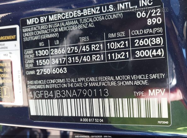 4JGFB4JB3NA790113 2022 MERCEDES-BENZ GLE 350 Dark Blue 