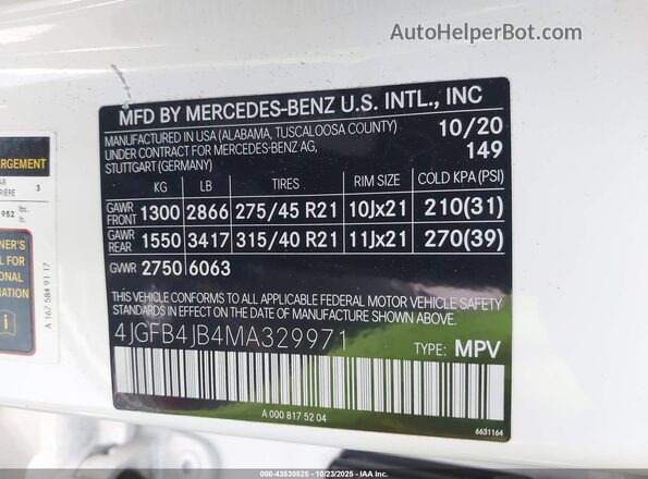 4JGFB4JB4MA329971 2021 MERCEDES-BENZ GLE 350 White Շարժիչի բաժամունքի տեսք