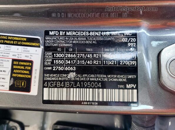 4JGFB4JB7LA195004 2020 MERCEDES-BENZ GLE Gray VIN კოდის სტიკერის ხედი