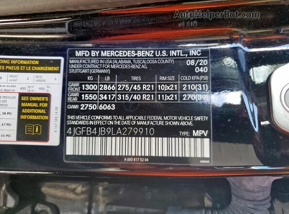 4JGFB4JB9LA279910 2020 MERCEDES-BENZ GLE Black Widok naklejki z numerem VIN
