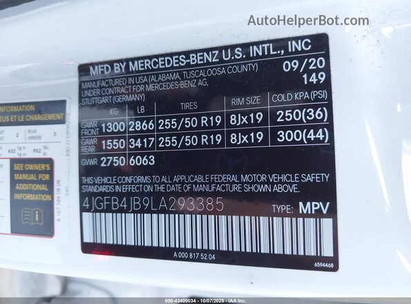 4JGFB4JB9LA293385 2020 MERCEDES-BENZ GLE 350 White Widok komory silnika