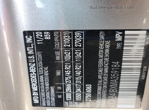 4JGFB4JBXMA359184 2021 MERCEDES-BENZ GLE Серый Вид наклейки с VIN-кодом