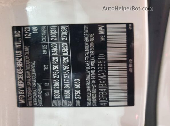 4JGFB4JBXMA388510 2021 MERCEDES-BENZ GLE Белый Панорамный вид салона 360°