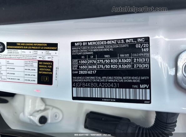 4JGFB4KB0LA200431 2020 MERCEDES-BENZ GLE 350 White Вид підкапотного простору