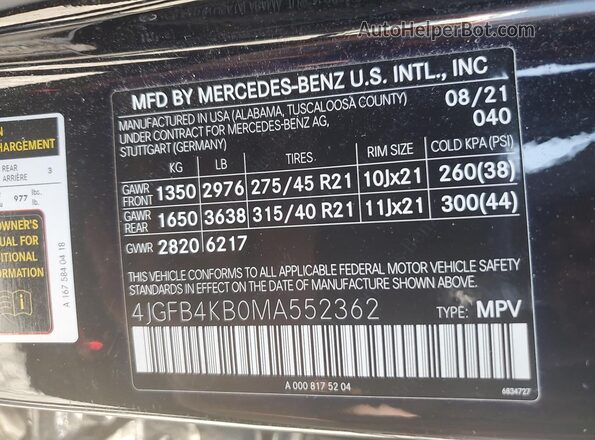 4JGFB4KB0MA552362 2021 MERCEDES-BENZ GLE Black Вид наклейки з VIN-кодом