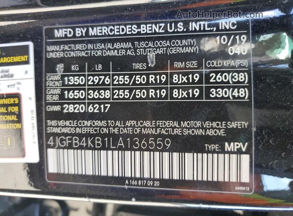 4JGFB4KB1LA136559 2020 MERCEDES-BENZ GLE Black Vista de la etiqueta del VIN