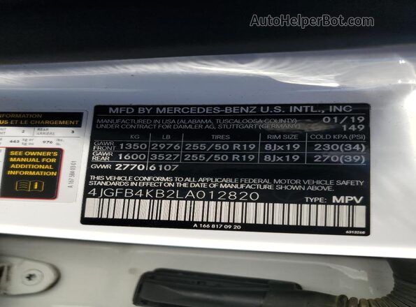 4JGFB4KB2LA012820 2020 MERCEDES-BENZ GLE White VIN კოდის სტიკერის ხედი