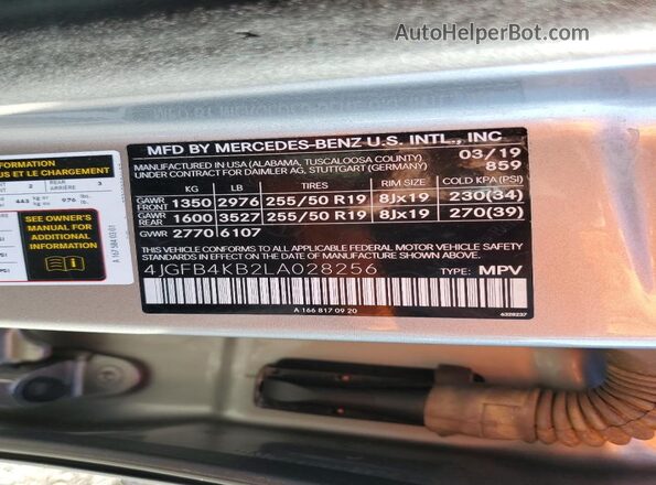 4JGFB4KB2LA028256 2020 MERCEDES-BENZ GLE Gray VIN կոդի պիտակի տեսք