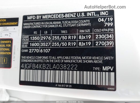 4JGFB4KB2LA038222 2020 MERCEDES-BENZ GLE 350 White Vista del compartimento del motor