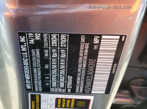 4JGFB4KB2LA044392 2020 MERCEDES-BENZ GLE Gray Vista de la etiqueta del VIN