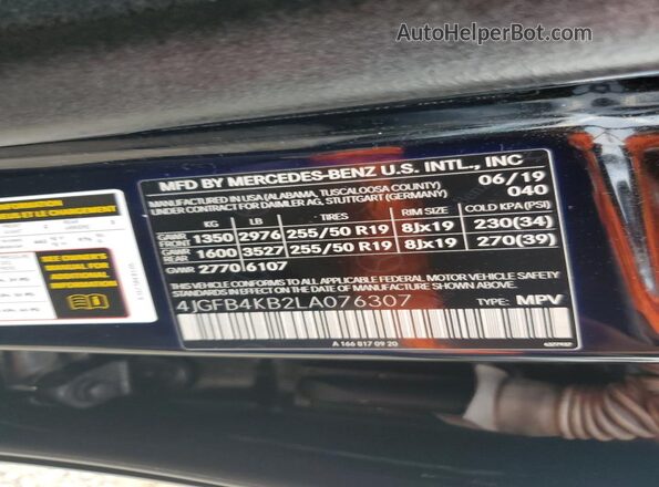 4JGFB4KB2LA076307 2020 MERCEDES-BENZ GLE Black VIN կոդի պիտակի տեսք