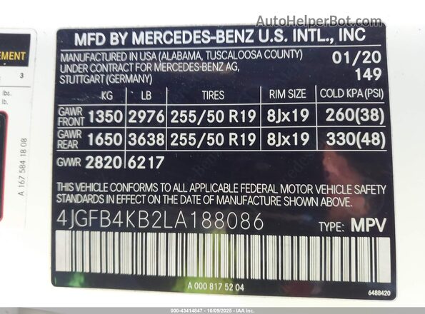 4JGFB4KB2LA188086 2020 MERCEDES-BENZ GLE 350 White 