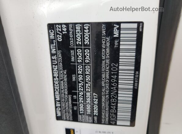 4JGFB4KB2NA694102 2022 MERCEDES-BENZ GLE Белый Вид наклейки с VIN-кодом