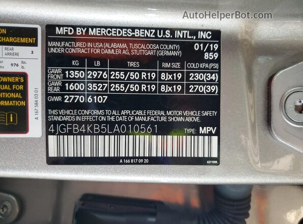 4JGFB4KB5LA010561 2020 MERCEDES-BENZ GLE Silver VIN sticker view