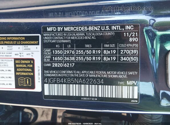 4JGFB4KB5NA622634 2022 MERCEDES-BENZ GLE 350 Blue Շարժիչի բաժամունքի տեսք
