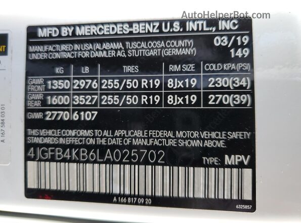 4JGFB4KB6LA025702 2020 MERCEDES-BENZ GLE Белый Вид наклейки с VIN-кодом