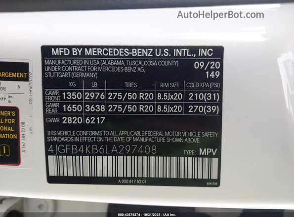 4JGFB4KB6LA297408 2020 MERCEDES-BENZ GLE 350 Белый 
