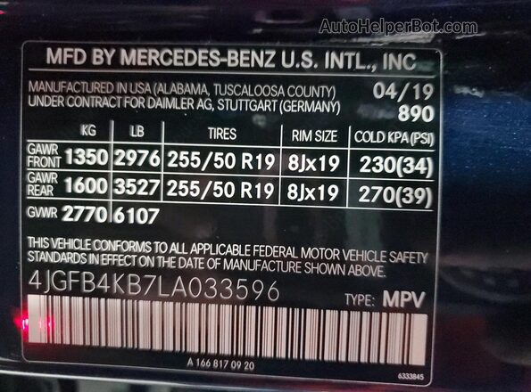 4JGFB4KB7LA033596 2020 MERCEDES-BENZ GLE Blue Vista de la etiqueta del VIN