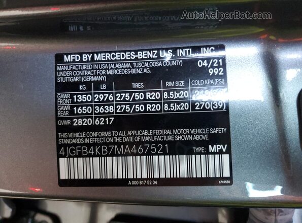 4JGFB4KB7MA467521 2021 MERCEDES-BENZ GLE Серый Вид наклейки с VIN-кодом