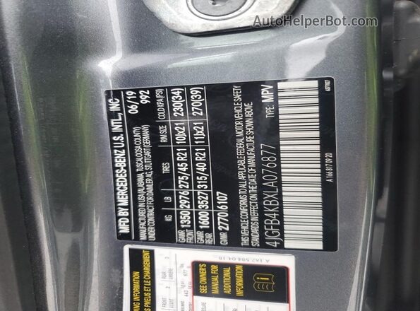 4JGFB4KBXLA076877 2020 MERCEDES-BENZ GLE Gray Widok naklejki z numerem VIN