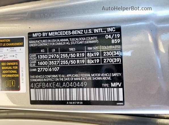 4JGFB4KE4LA040449 2020 MERCEDES-BENZ GLE Silver VIN კოდის სტიკერის ხედი