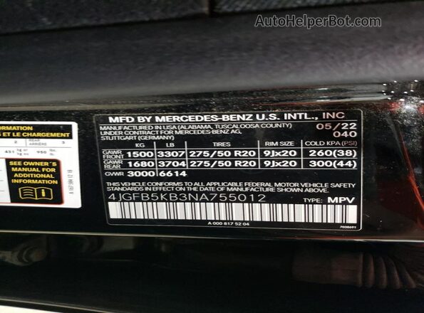 4JGFB5KB3NA755012 2022 MERCEDES-BENZ GLE Black VIN կոդի պիտակի տեսք
