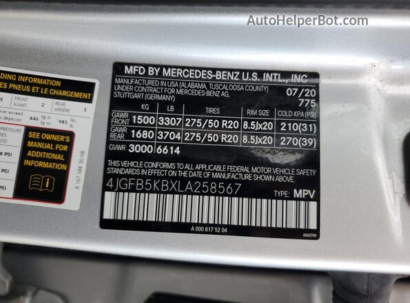 4JGFB5KBXLA258567 2020 MERCEDES-BENZ GLE Серебряный Вид наклейки с VIN-кодом