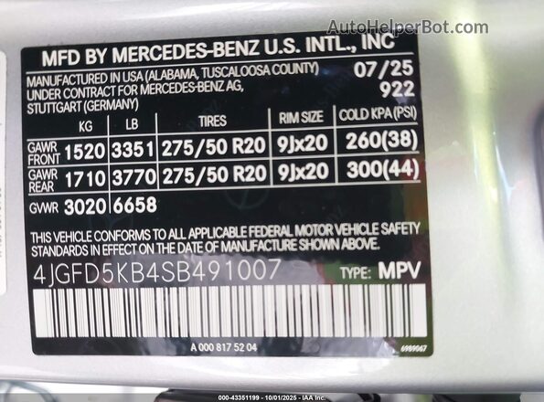 4JGFD5KB4SB491007 2025 MERCEDES-BENZ GLE 450 COUPE Silver 