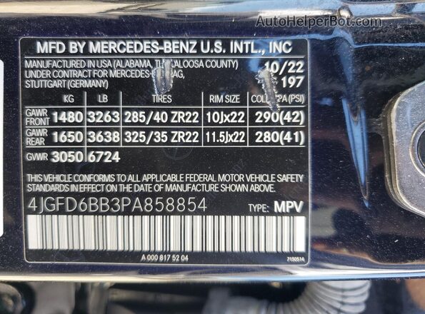 4JGFD6BB3PA858854 2023 MERCEDES-BENZ GLE Black Вид наклейки з VIN-кодом