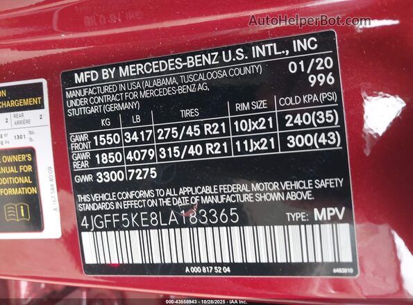 4JGFF5KE8LA183365 2020 MERCEDES-BENZ GLS 450 Red ძრავის განყოფილების ხედი