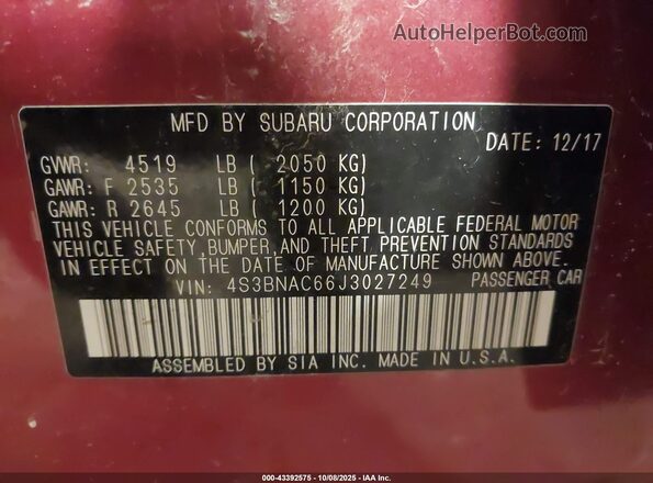 4S3BNAC66J3027249 2018 SUBARU LEGACY Красный Вид подкапотного пространства