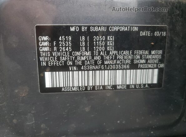 4S3BNAF61J3035366 2018 SUBARU LEGACY Gray 