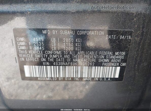 4S3BNAF69K3035262 2019 SUBARU LEGACY Gray 