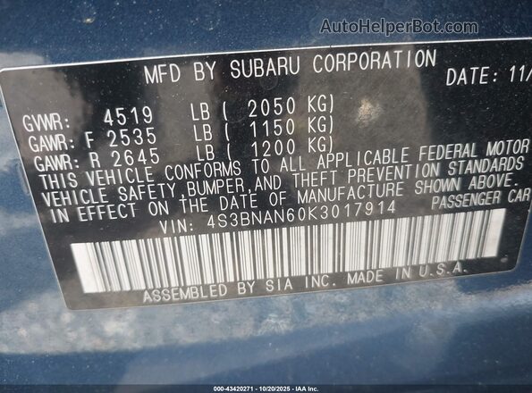 4S3BNAN60K3017914 2019 SUBARU LEGACY Blue Widok komory silnika