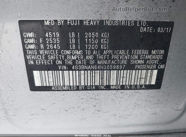 4S3BNAN64H3059897 2017 SUBARU LEGACY Silver Widok komory silnika