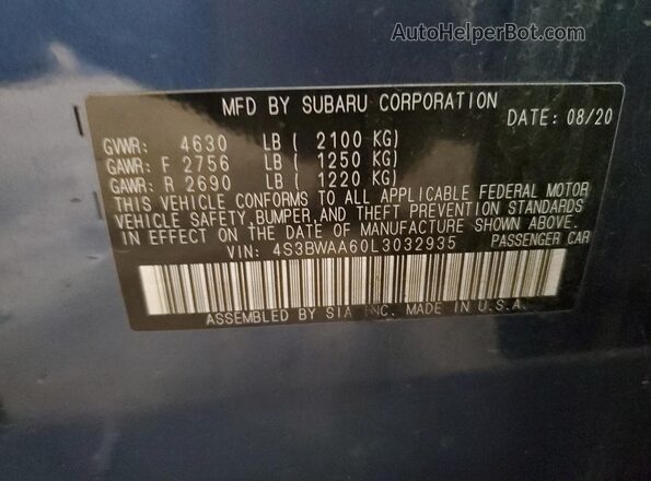 4S3BWAA60L3032935 2020 SUBARU LEGACY Blue Engine compartment view