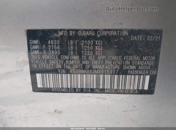 4S3BWAB62M3015327 2021 SUBARU LEGACY Silver Vista del compartimento del motor
