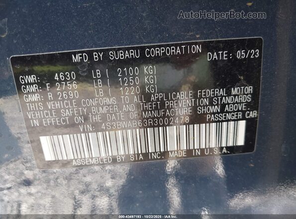 4S3BWAB63R3002478 2024 SUBARU LEGACY Dark Blue Widok komory silnika